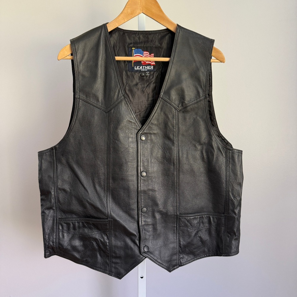 Leather U.S.A.‎ Vintage 100% Leather Vest American Flag Biker Moto Jacket